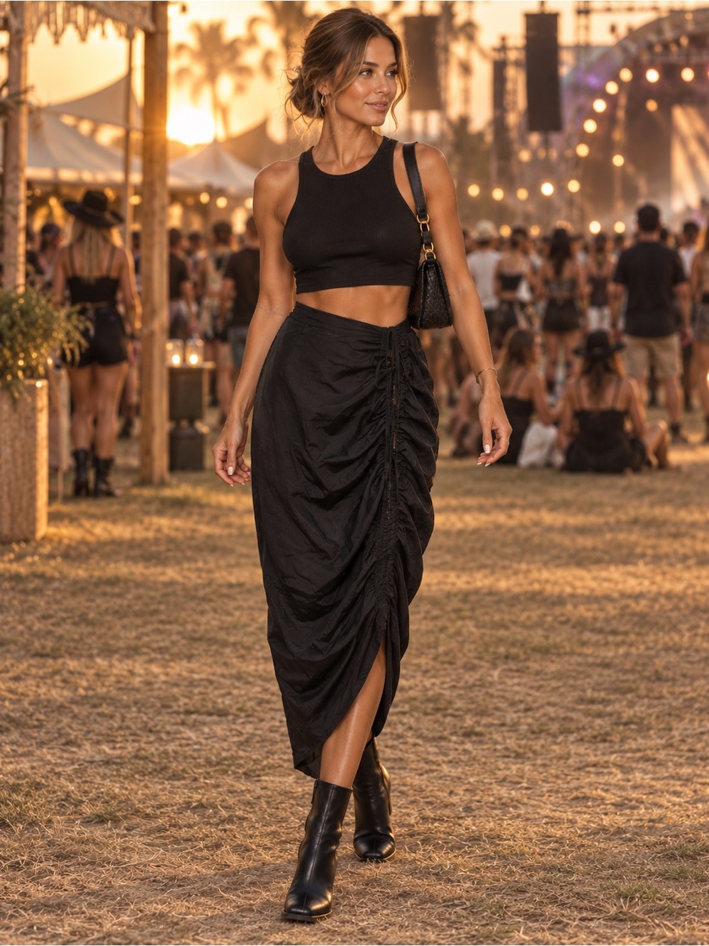 New no tags. JLUXLABEL Black Ruched Side-Drawstring Midi Skirt. Small